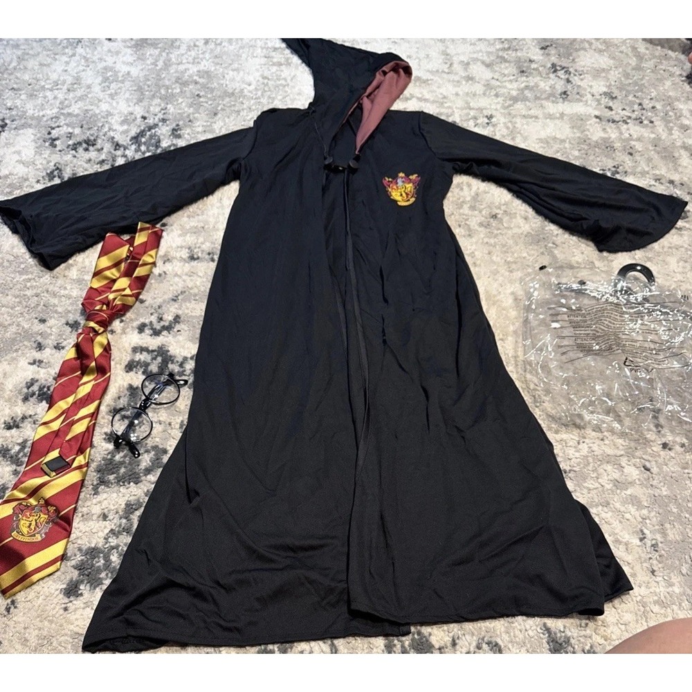 Harry Potter Gryffindor Robe Coat Glasses Tie Black Hooded Cosplay Sz Large Boys